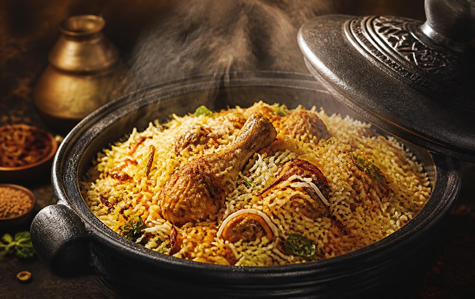Chicken biryani steaming in a black handi with saffron rice and fried onions