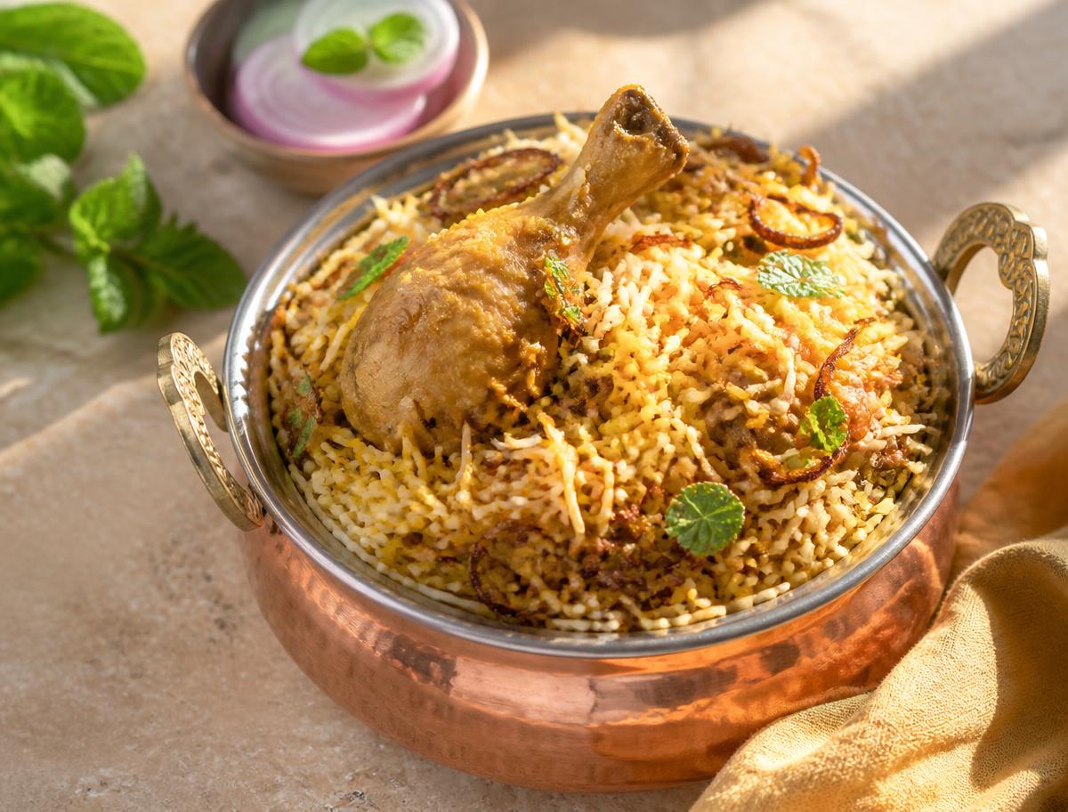 Chicken biryani with basmati rice and fried onion in a copper handi