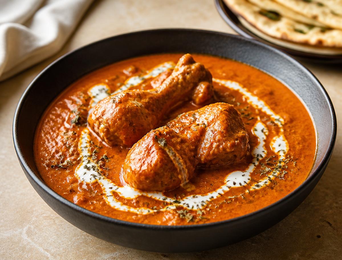 Butter chicken in a glossy tomato butter gravy in a black bowl