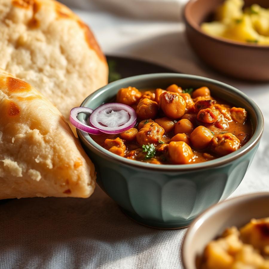 Chole chickpea curry served with sliced onion
