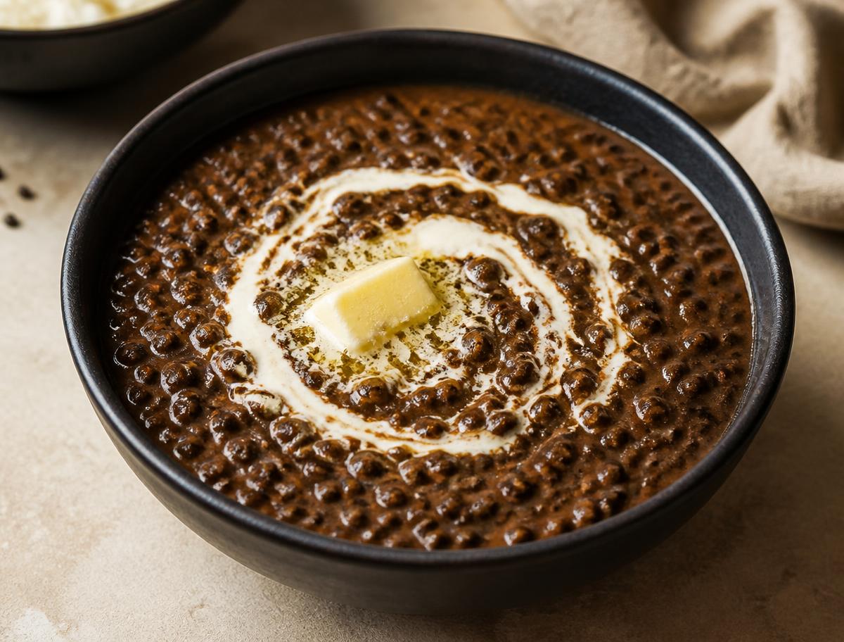 Dal makhani finished with cream in a dark ceramic bowl