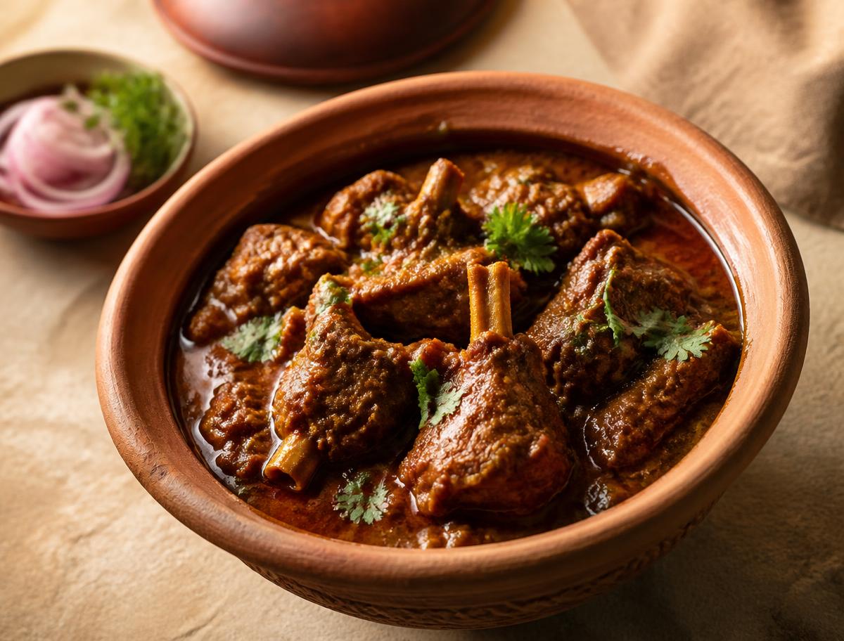 Bone-in mutton curry in a clay handi with coriander