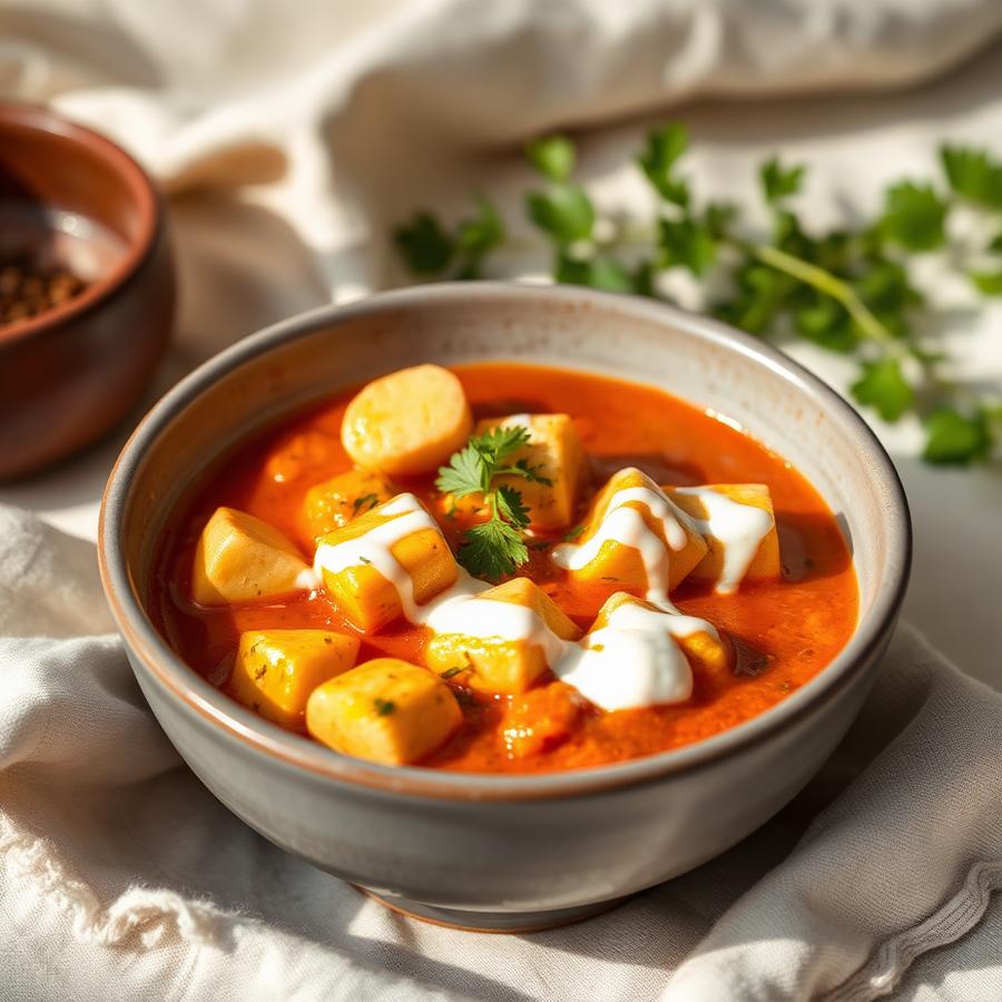 Paneer cubes in a rich tomato-cream gravy in a stoneware bowl