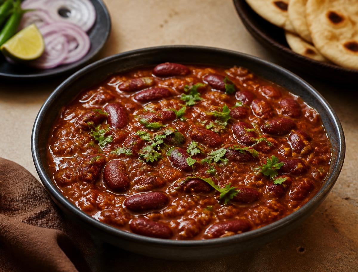 Rajma kidney bean curry in a dark bowl with roti alongside