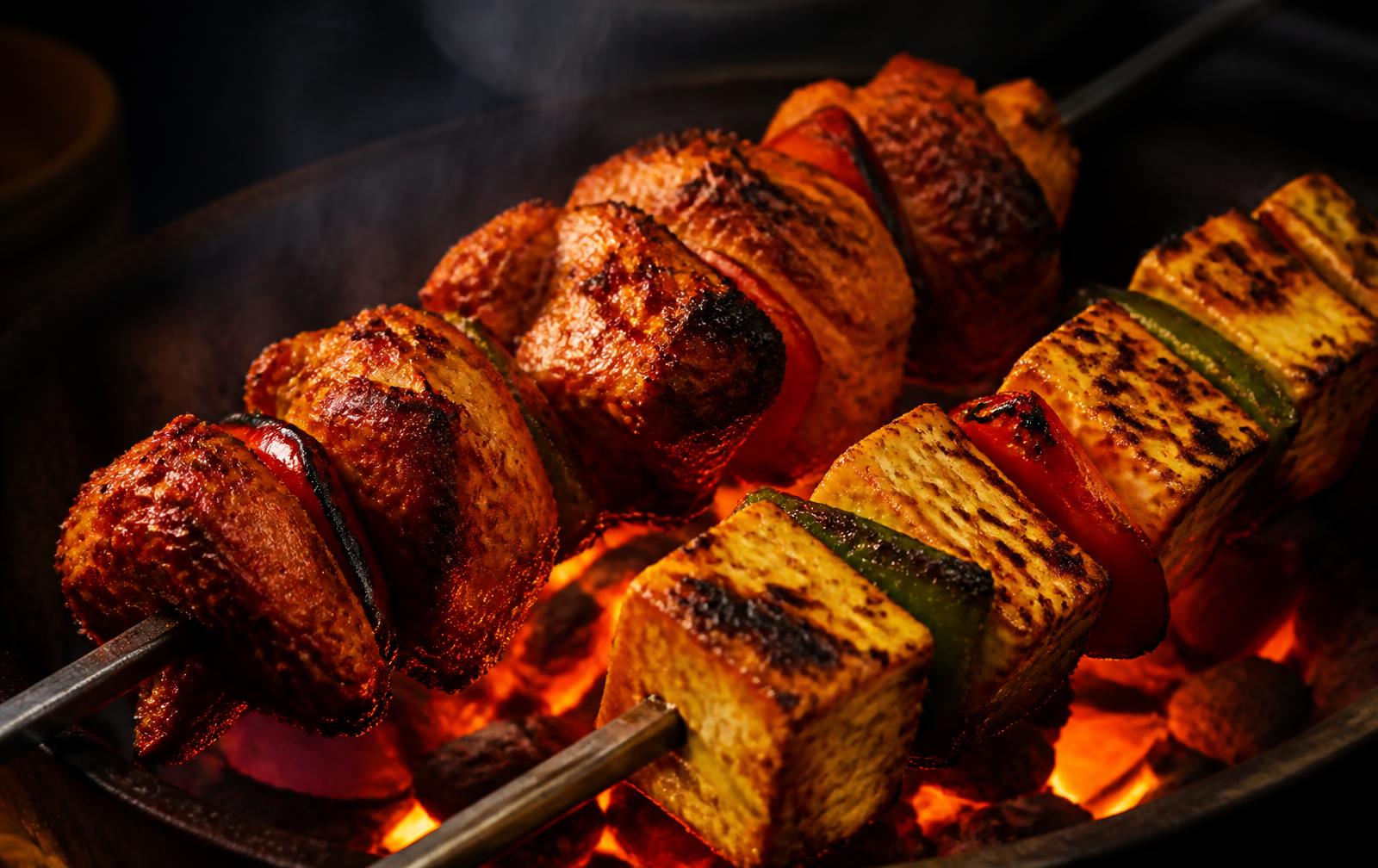 Tandoori chicken and paneer tikka skewers charring over glowing coals