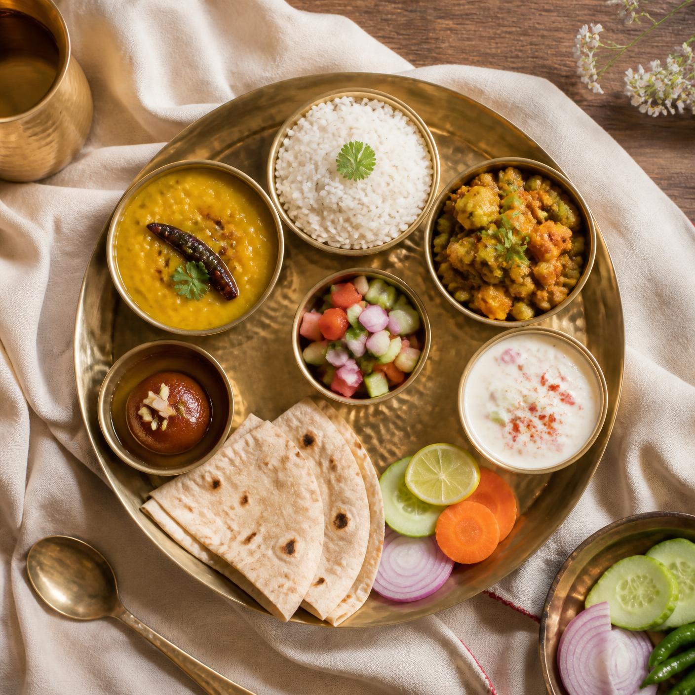 A Crafted Comfort thali served on a brass plate with dal, sabzi, rice, raita, roti and salad