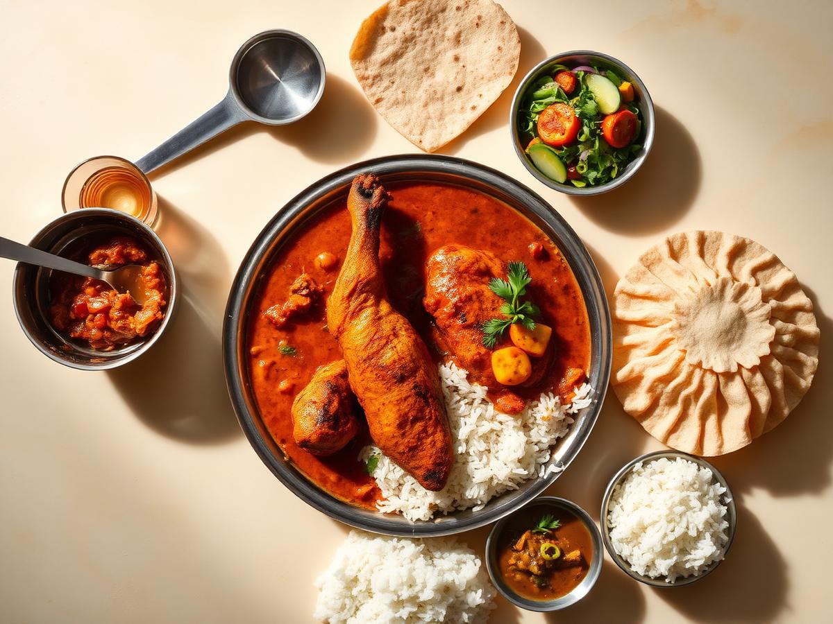 Non-vegetarian Indian thali with chicken curry, dal, rice and roti