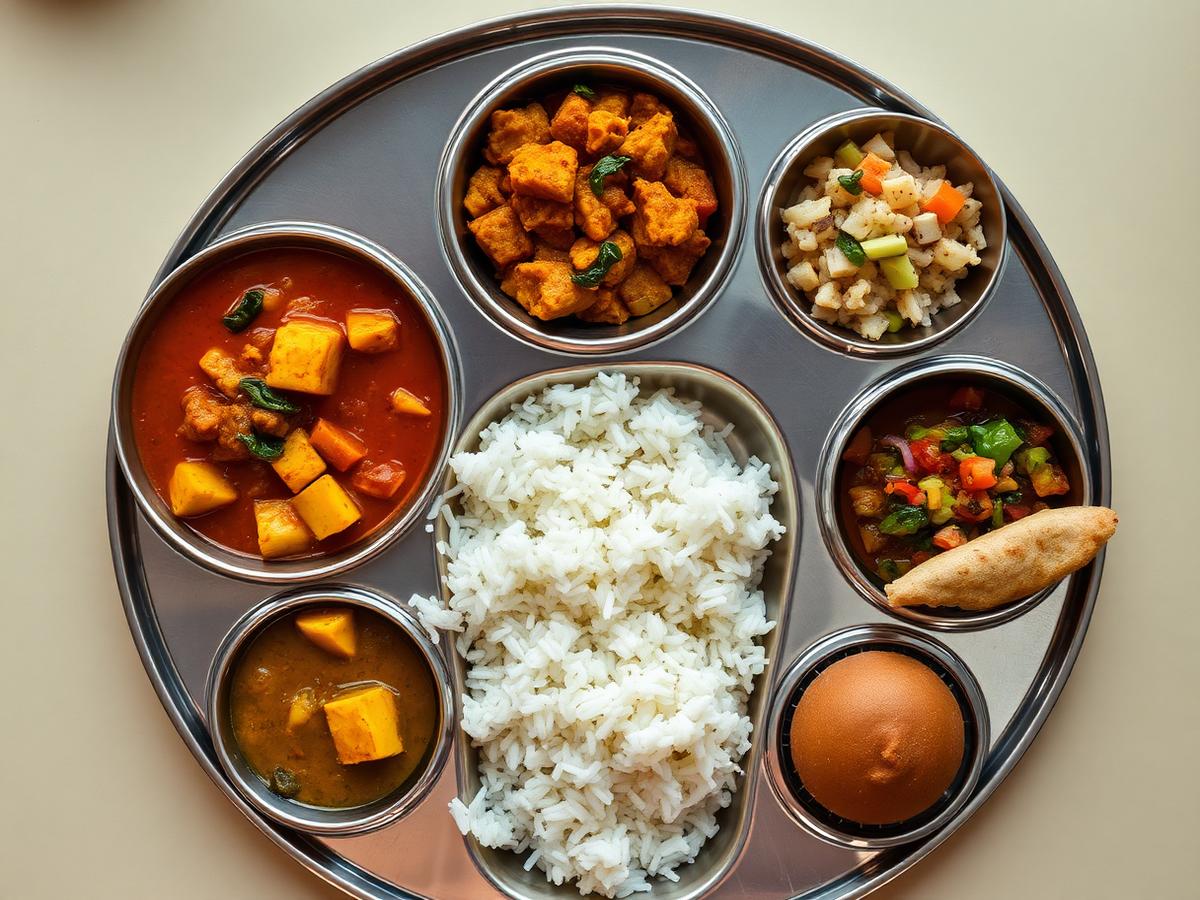 Vegetarian Indian thali with dal, paneer curry, rice and roti